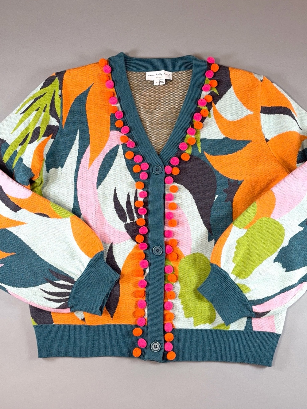 Never Fully Dressed L Balearic Forest Green Blue Orange Cardi Cardigan Pom Pom